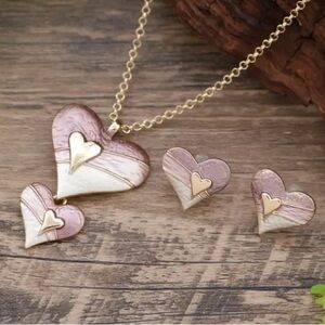Tricolor Heart Neutral Brown Gold Toned Necklace & Stud Earrings Set